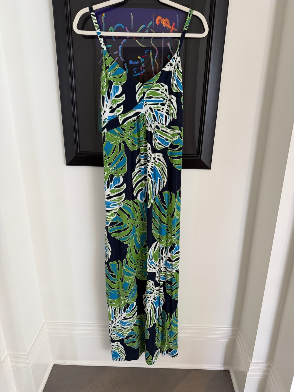 Tommy Bahama Navy Tropical Leaf Maxi Jumpsuit with Green and White Print